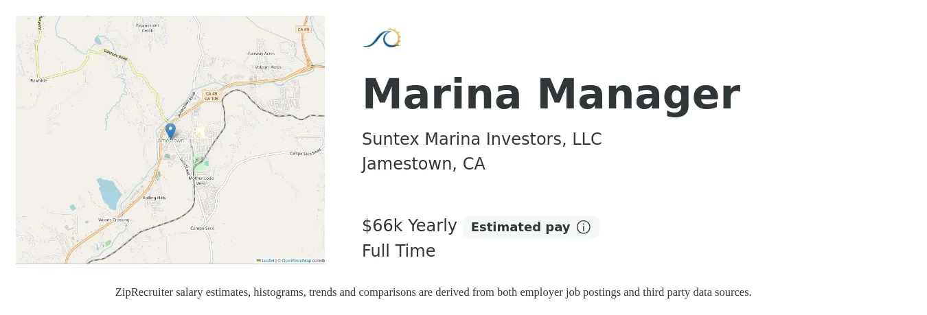 Suntex Marina Investors, LLC job posting for a Marina Manager in Jamestown, CA with a salary of $66,560 Yearly with a map of Jamestown location.