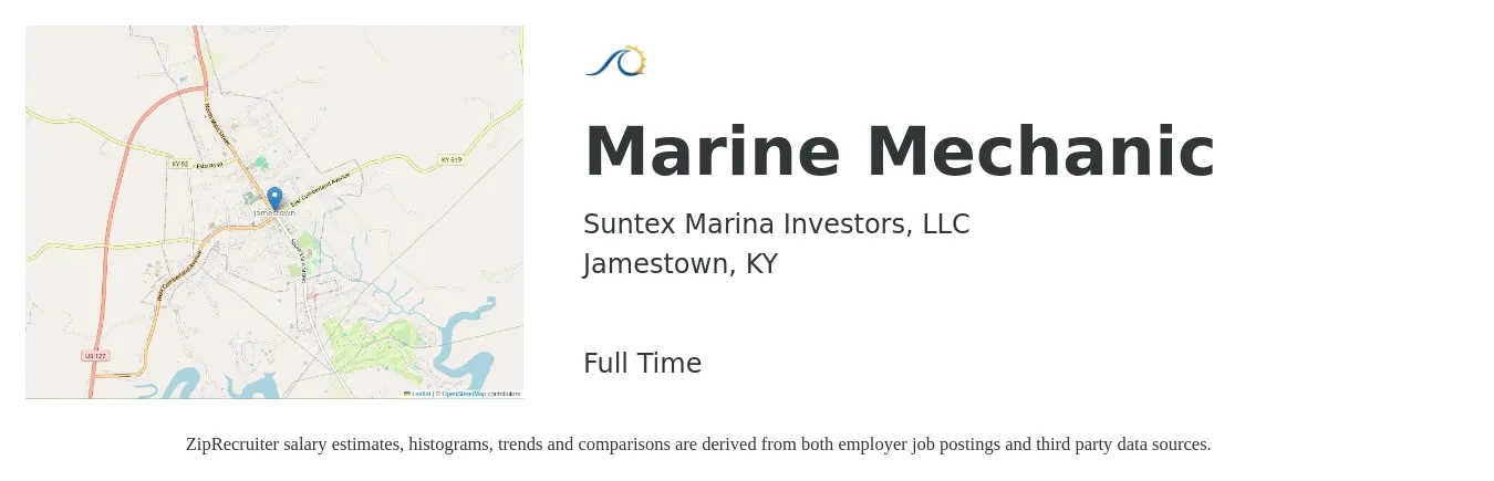 Suntex Marina Investors, LLC job posting for a Marine Mechanic in Jamestown, KY with a salary of $23 to $27 Hourly with a map of Jamestown location.