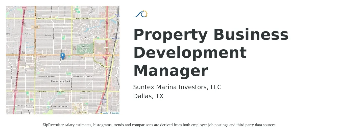 Suntex Marina Investors, LLC job posting for a Property Business Development Manager in Dallas, TX with a salary of $57,300 to $94,000 Yearly with a map of Dallas location.
