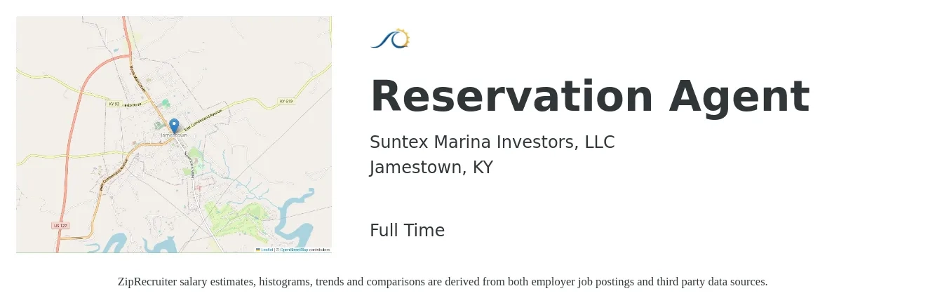 Suntex Marina Investors, LLC job posting for a Reservation Agent in Jamestown, KY with a salary of $14 to $17 Hourly with a map of Jamestown location.