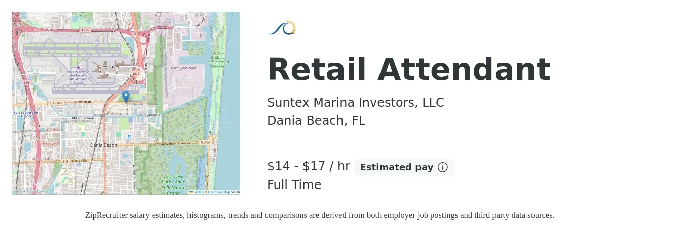 Suntex Marina Investors, LLC job posting for a Retail Attendant in Dania Beach, FL with a salary of $13 to $17 Hourly with a map of Dania Beach location.