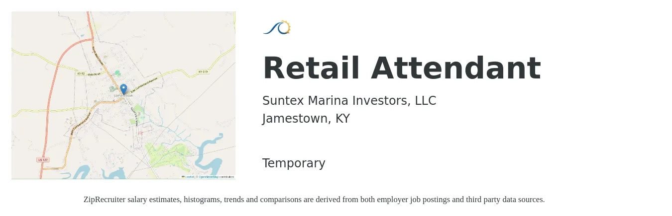Suntex Marina Investors, LLC job posting for a Retail Attendant in Jamestown, KY with a salary of $11 to $14 Hourly with a map of Jamestown location.