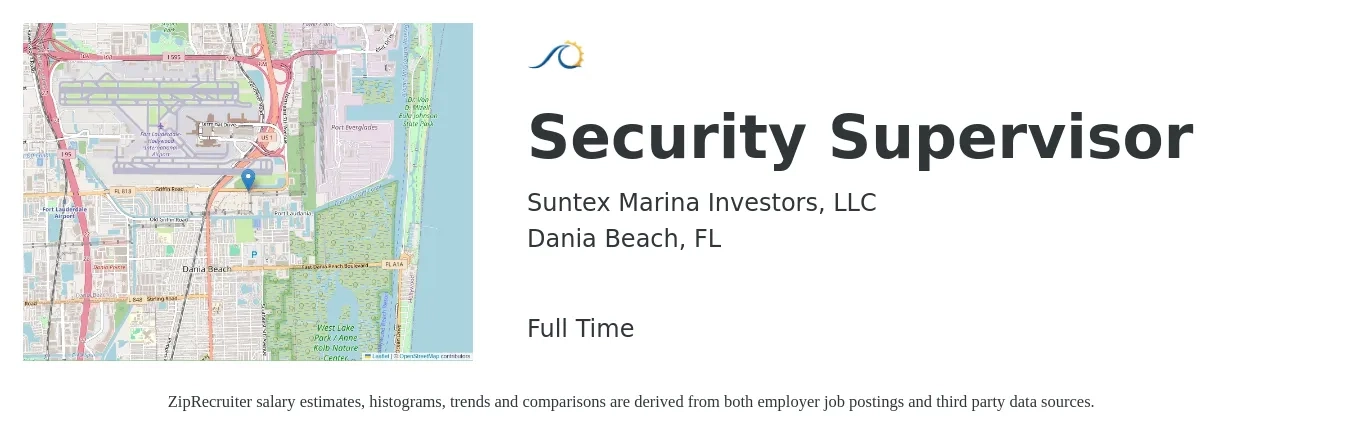Suntex Marina Investors, LLC job posting for a Security Supervisor in Dania Beach, FL with a salary of $19 to $30 Hourly with a map of Dania Beach location.