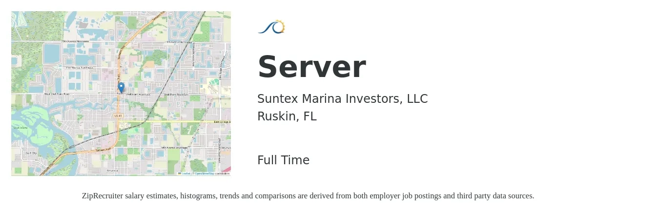 Suntex Marina Investors, LLC job posting for a Server in Ruskin, FL with a salary of $10 to $16 Hourly with a map of Ruskin location.