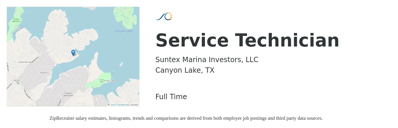 Suntex Marina Investors, LLC job posting for a Service Technician in Canyon Lake, TX with a salary of $17 to $24 Hourly with a map of Canyon Lake location.