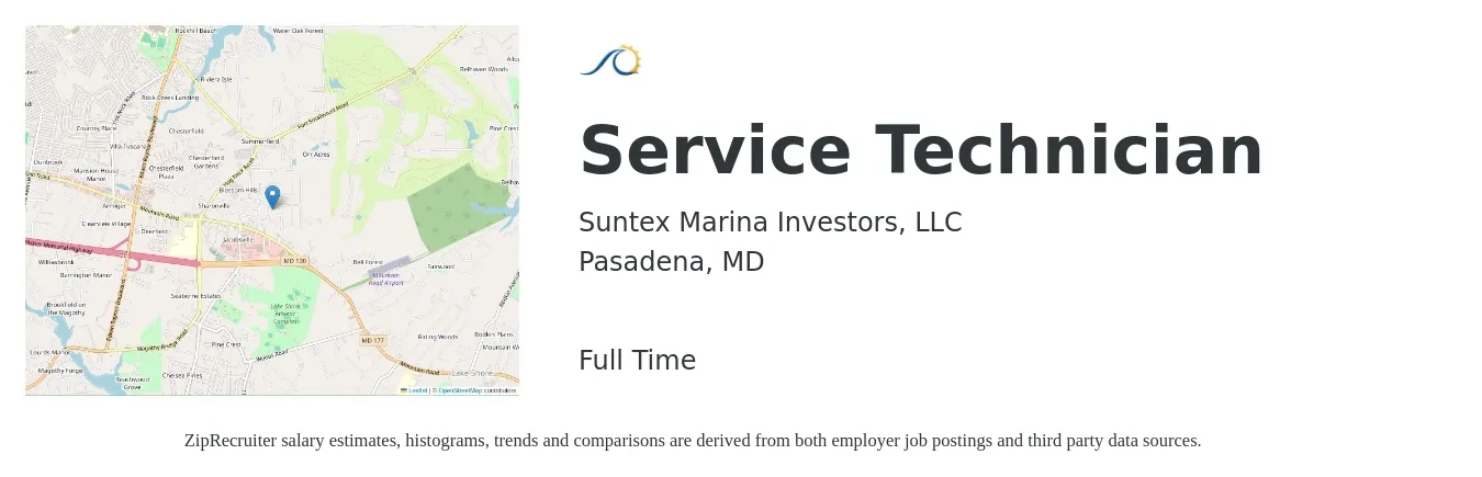 Suntex Marina Investors, LLC job posting for a Service Technician in Pasadena, MD with a salary of $20 to $28 Hourly with a map of Pasadena location.
