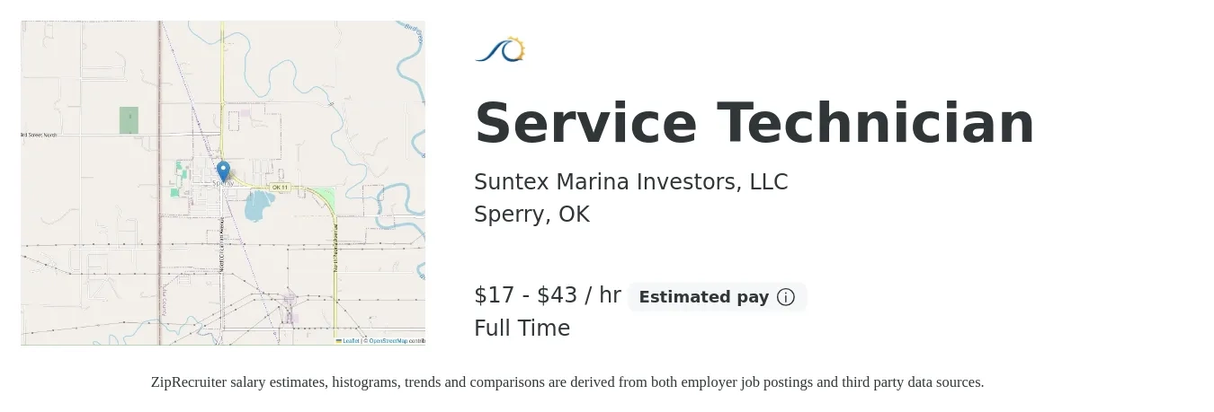 Suntex Marina Investors, LLC job posting for a Service Technician in Sperry, OK with a salary of $18 to $45 Hourly with a map of Sperry location.