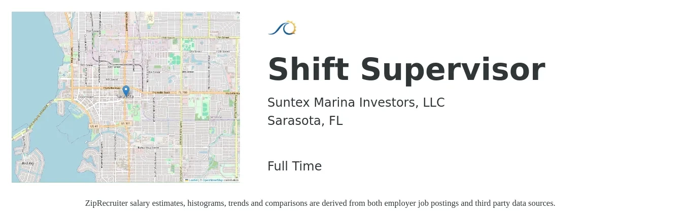Suntex Marina Investors, LLC job posting for a Shift Supervisor in Sarasota, FL with a salary of $14 to $18 Hourly with a map of Sarasota location.