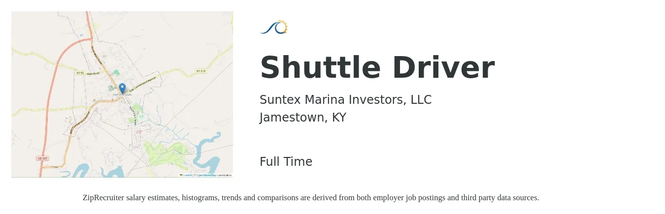 Suntex Marina Investors, LLC job posting for a Shuttle Driver in Jamestown, KY with a salary of $12 to $18 Hourly with a map of Jamestown location.