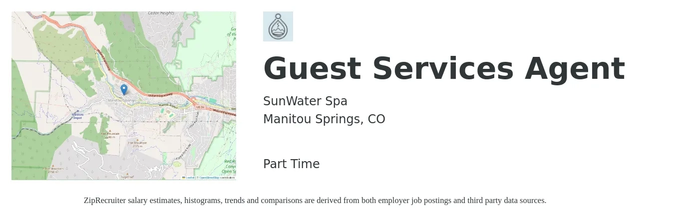 SunWater Spa job posting for a Guest Services Agent in Manitou Springs, CO with a salary of $22,047 to $32,591 Yearly with a map of Manitou Springs location.