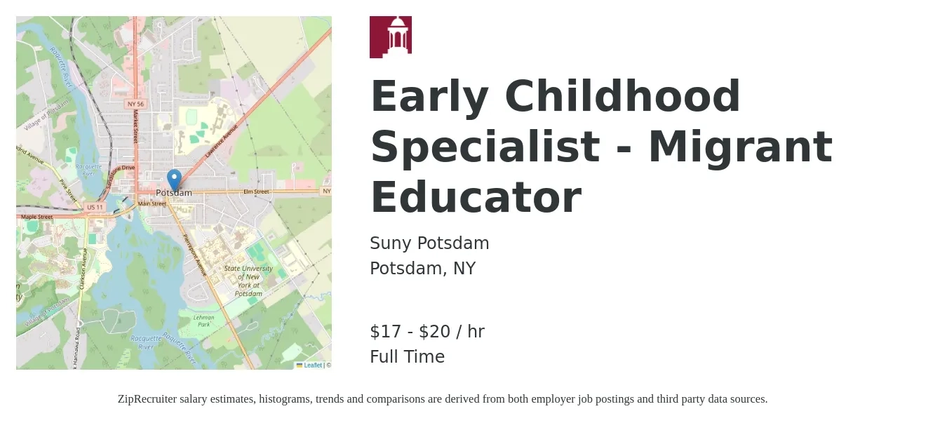 Suny Potsdam job posting for a Early Childhood Specialist - Migrant Educator in Potsdam, NY with a salary of $18 to $21 Hourly with a map of Potsdam location.