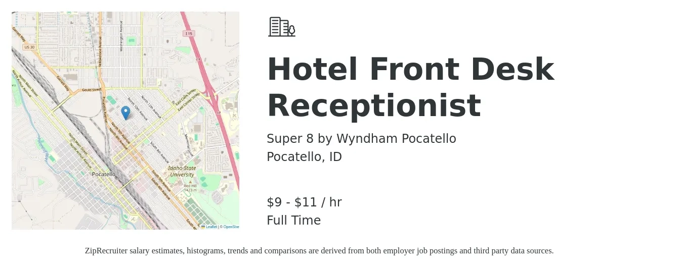 Super 8 by Wyndham Pocatello job posting for a Hotel Front Desk Receptionist in Pocatello, ID with a salary of $10 to $12 Hourly with a map of Pocatello location.