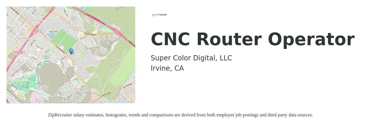 Super Color Digital job posting for a CNC Router Operator in Irvine, CA with a salary of $20 to $24 Hourly with a map of Irvine location.