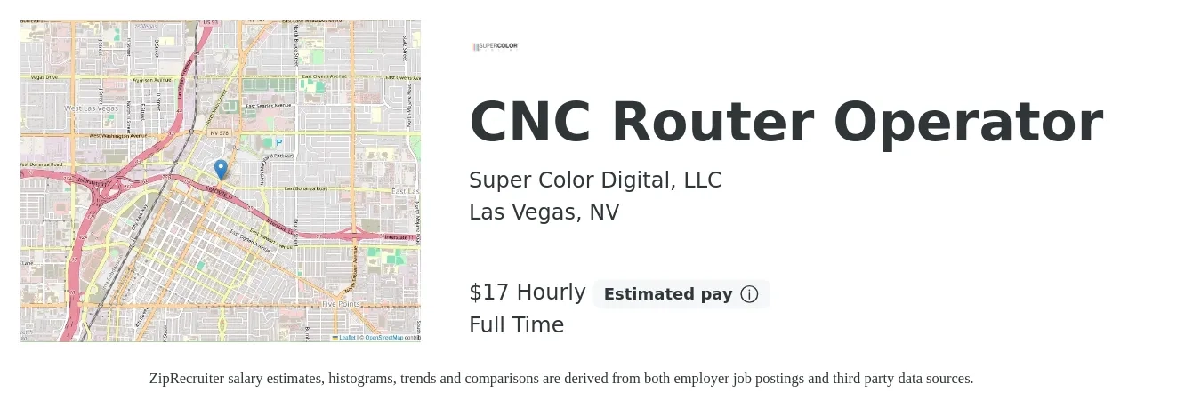 Super Color Digital, LLC job posting for a CNC Router Operator in Las Vegas, NV with a salary of $18 Hourly with a map of Las Vegas location.