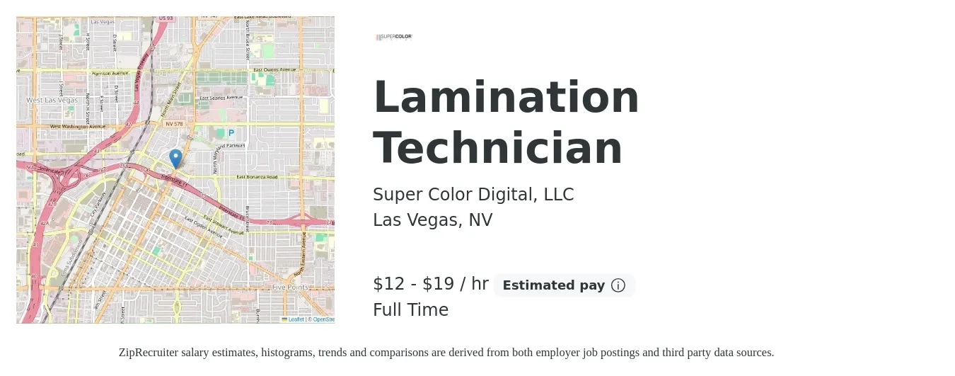 Super Color Digital, LLC job posting for a Lamination Technician in Las Vegas, NV with a salary of $13 to $20 Hourly with a map of Las Vegas location.