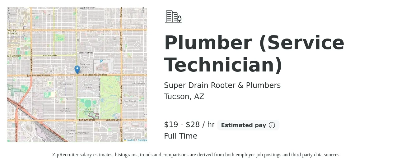 Super Drain Rooter & Plumbers job posting for a Plumber (Service Technician) in Tucson, AZ with a salary of $20 to $30 Hourly with a map of Tucson location.