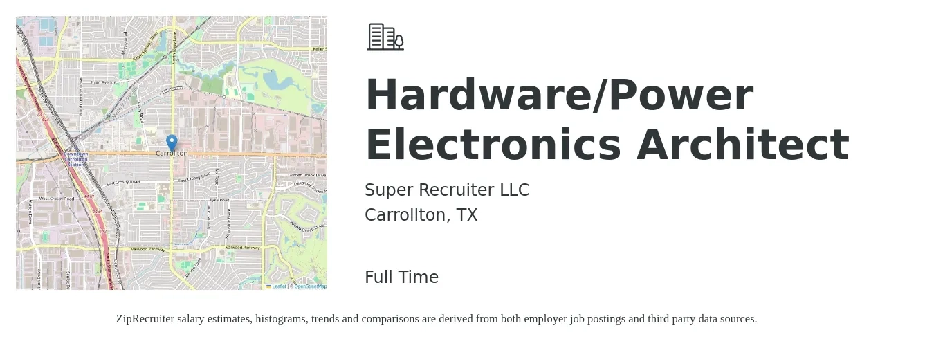 Super Recruiter LLC job posting for a Hardware/Power Electronics Architect in Carrollton, TX with a salary of $105,700 to $139,500 Yearly with a map of Carrollton location.