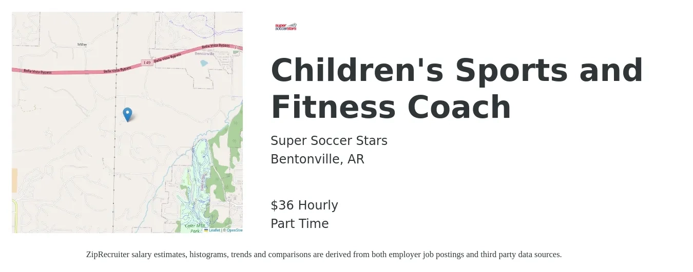 Super Soccer Stars job posting for a Children's Sports and Fitness Coach in Bentonville, AR with a salary of $38 Hourly with a map of Bentonville location.