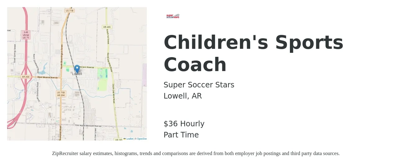 Super Soccer Stars job posting for a Children's Sports Coach in Lowell, AR with a salary of $38 Hourly with a map of Lowell location.