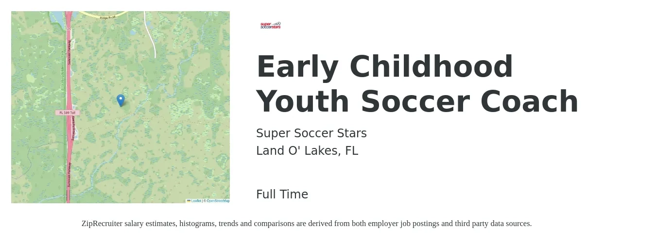 Super Soccer Stars job posting for a Early Childhood Youth Soccer Coach in Land O' Lakes, FL with a salary of $40 Hourly with a map of Land O' Lakes location.