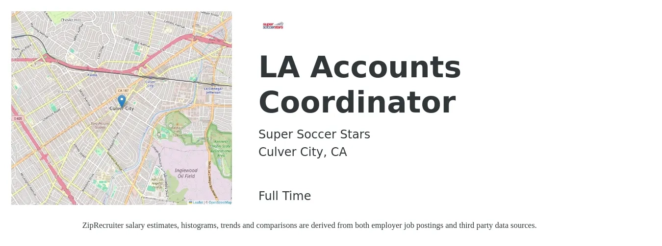 Super Soccer Stars job posting for a LA Accounts Coordinator in Culver City, CA with a salary of $45,000 to $48,000 Yearly with a map of Culver City location.