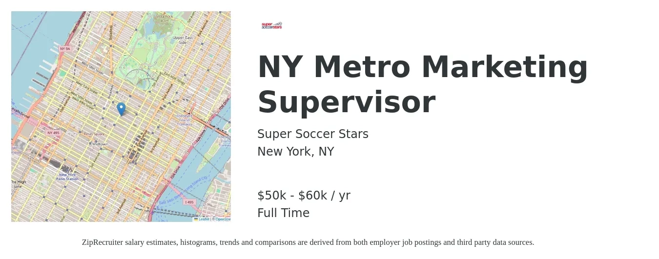 Super Soccer Stars job posting for a NY Metro Marketing Supervisor in New York, NY with a salary of $50,000 to $60,000 Yearly with a map of New York location.