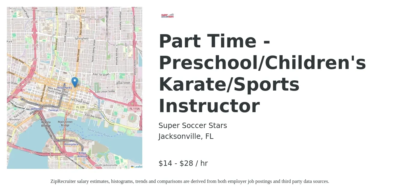 Super Soccer Stars job posting for a Part Time - Preschool/Children's Karate/Sports Instructor in Jacksonville, FL with a salary of $15 to $30 Hourly with a map of Jacksonville location.