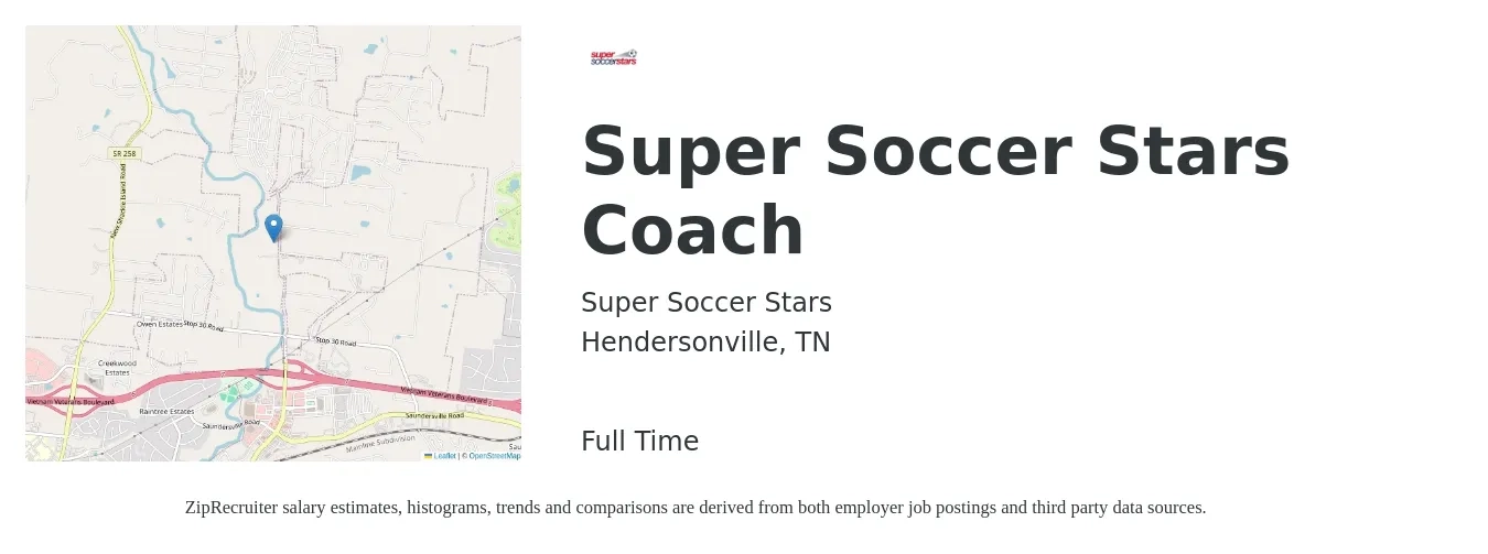 Super Soccer Stars job posting for a Super Soccer Stars Coach in Hendersonville, TN with a salary of $18 Hourly with a map of Hendersonville location.