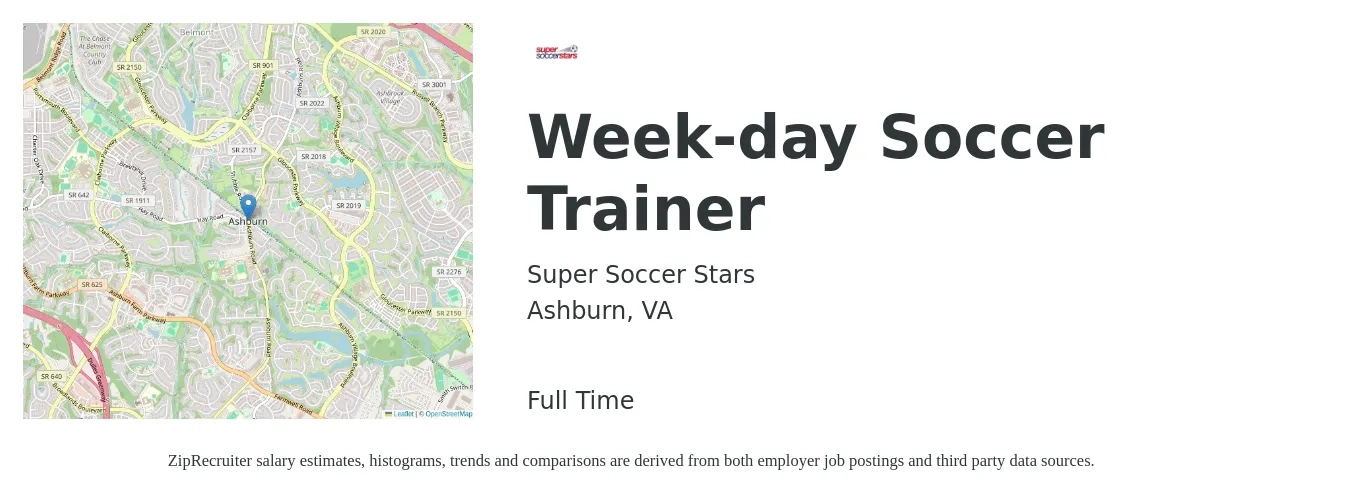 Super Soccer Stars job posting for a Week-day Soccer Trainer in Ashburn, VA with a salary of $45 Hourly with a map of Ashburn location.