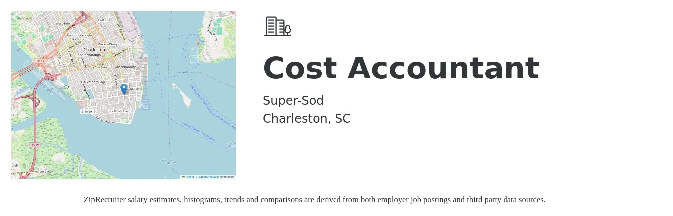 Super-Sod job posting for a Cost Accountant in Charleston, SC with a salary of $62,200 to $83,100 Yearly with a map of Charleston location.