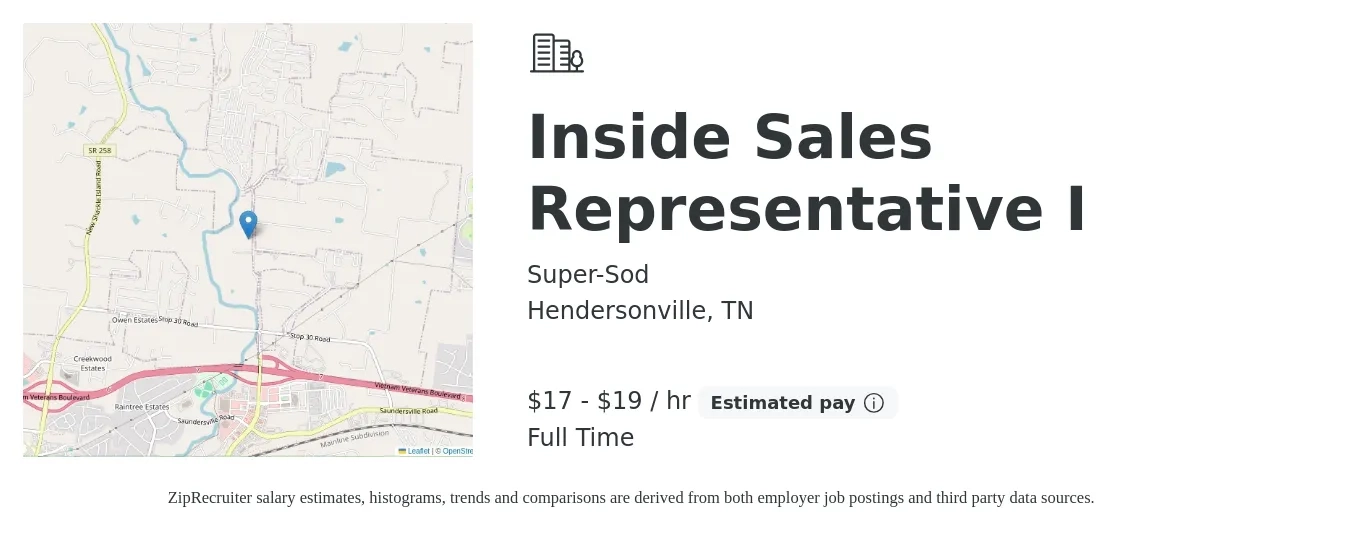 Super-Sod job posting for a Inside Sales Representative I in Hendersonville, TN with a salary of $18 to $20 Hourly with a map of Hendersonville location.