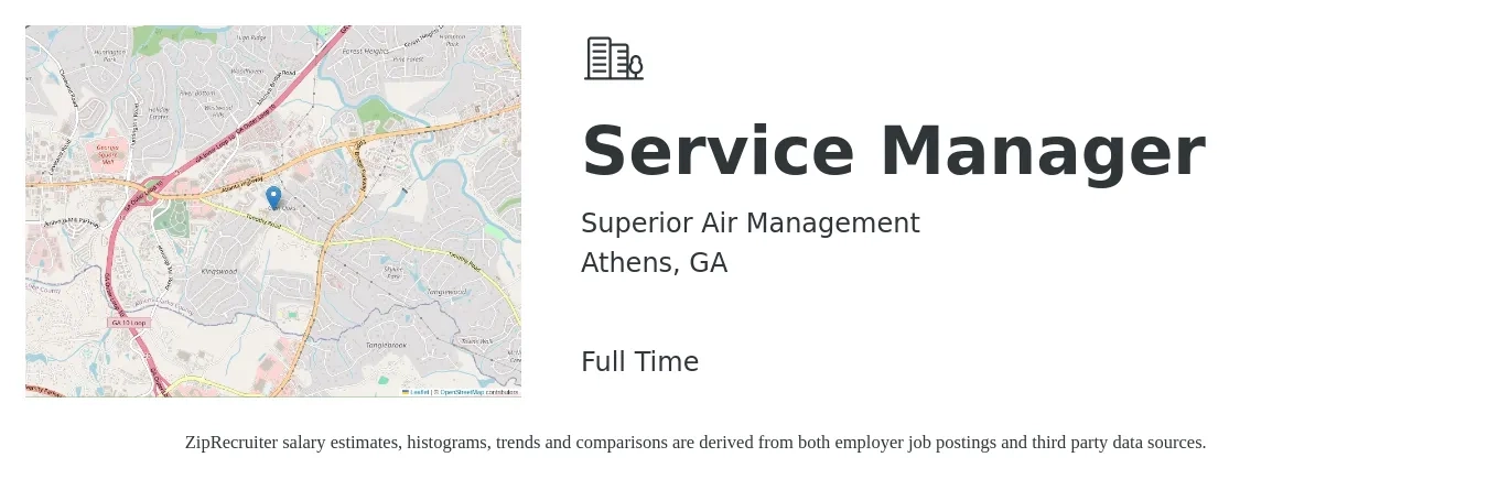 Superior Air Management job posting for a Service Manager in Athens, GA with a salary of $65,000 Yearly with a map of Athens location.
