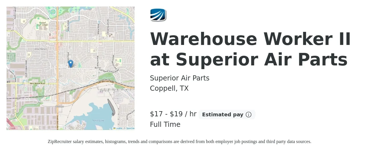 Superior Air Parts job posting for a Warehouse Worker II at Superior Air Parts in Coppell, TX with a salary of $18 to $20 Hourly with a map of Coppell location.