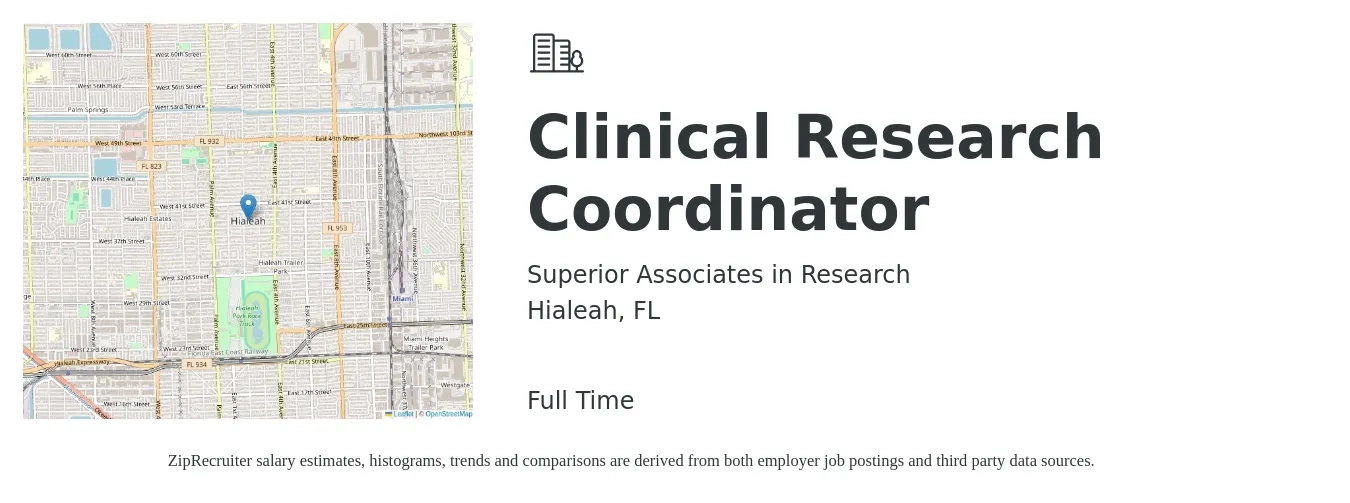 Superior Associates in Research job posting for a Clinical Research Coordinator in Hialeah, FL with a salary of $22 to $29 Hourly with a map of Hialeah location.