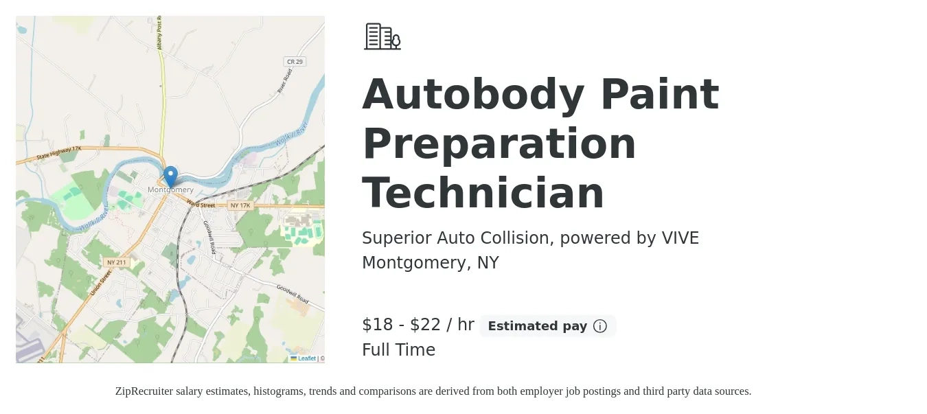 Superior Auto Collision, powered by VIVE job posting for a Autobody Paint Preparation Technician in Montgomery, NY with a salary of $19 to $23 Hourly with a map of Montgomery location.