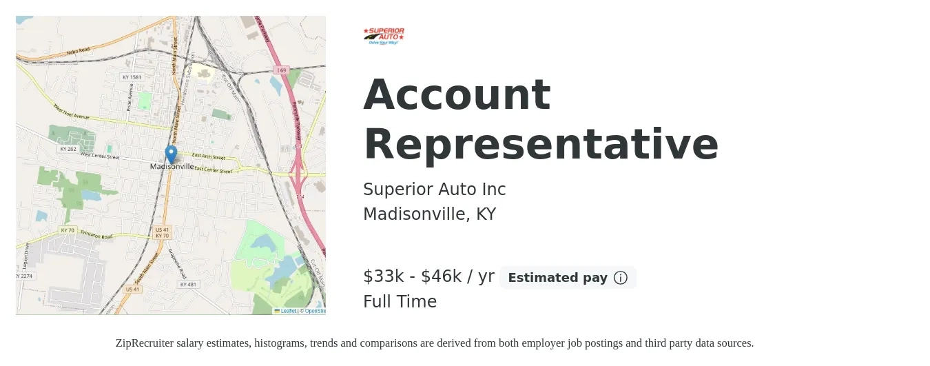 Superior Auto Inc job posting for a Account Representative in Madisonville, KY with a salary of $33,000 to $46,000 Yearly with a map of Madisonville location.
