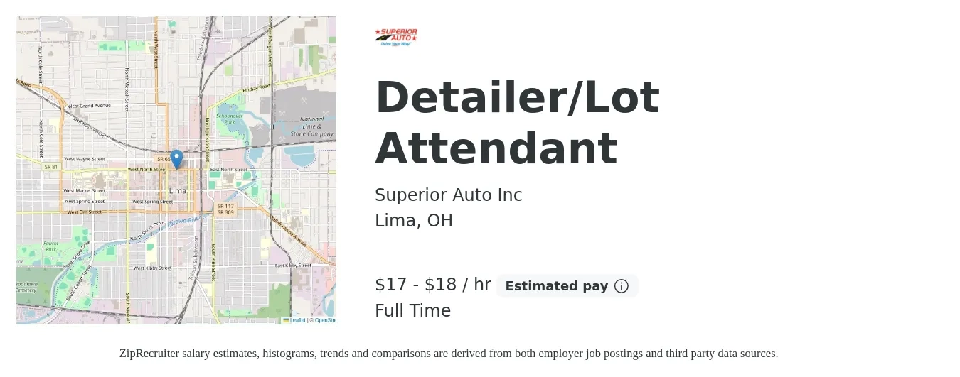 Superior Auto Inc job posting for a Detailer/Lot Attendant in Lima, OH with a salary of $18 to $19 Hourly with a map of Lima location.