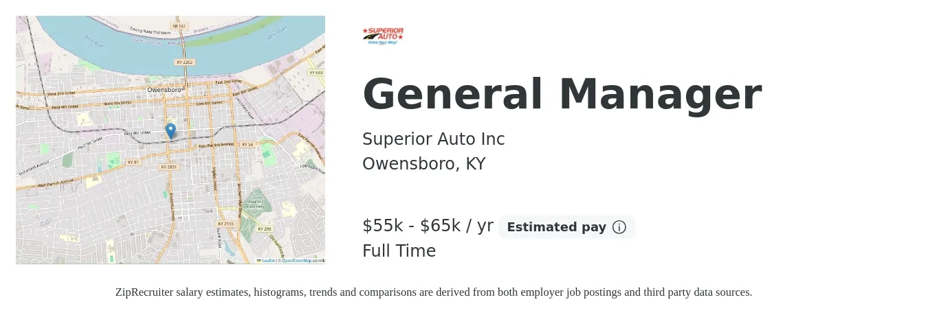 Superior Auto Inc job posting for a General Manager in Owensboro, KY with a salary of $40,000 to $80,000 Yearly with a map of Owensboro location.