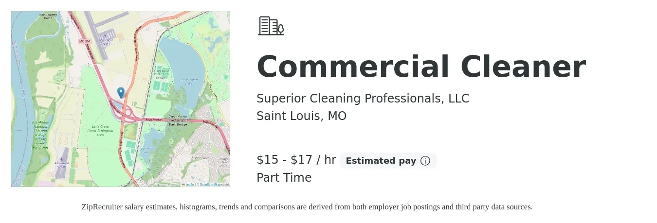 Superior Cleaning Professionals, LLC job posting for a Commercial Cleaner in Saint Louis, MO with a salary of $16 to $18 Hourly with a map of Saint Louis location.