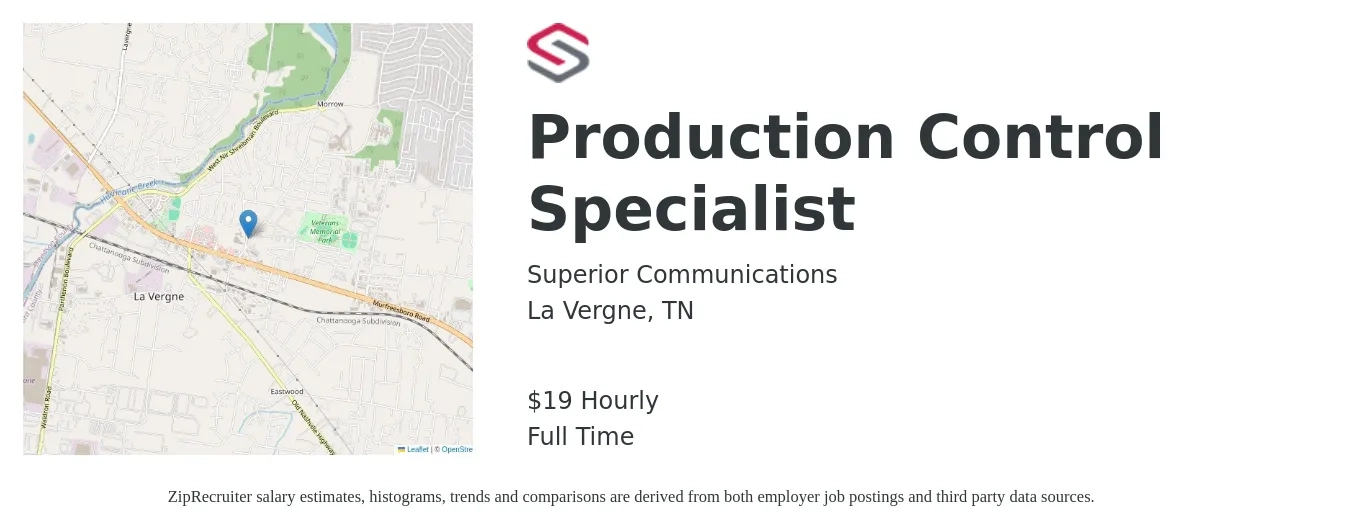 Superior Communications job posting for a Production Control Specialist in La Vergne, TN with a salary of $20 Hourly with a map of La Vergne location.