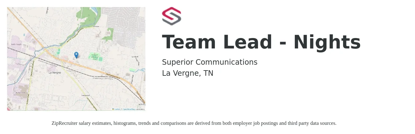 Superior Communications job posting for a Team Lead - Nights in La Vergne, TN with a salary of $15 to $24 Hourly with a map of La Vergne location.