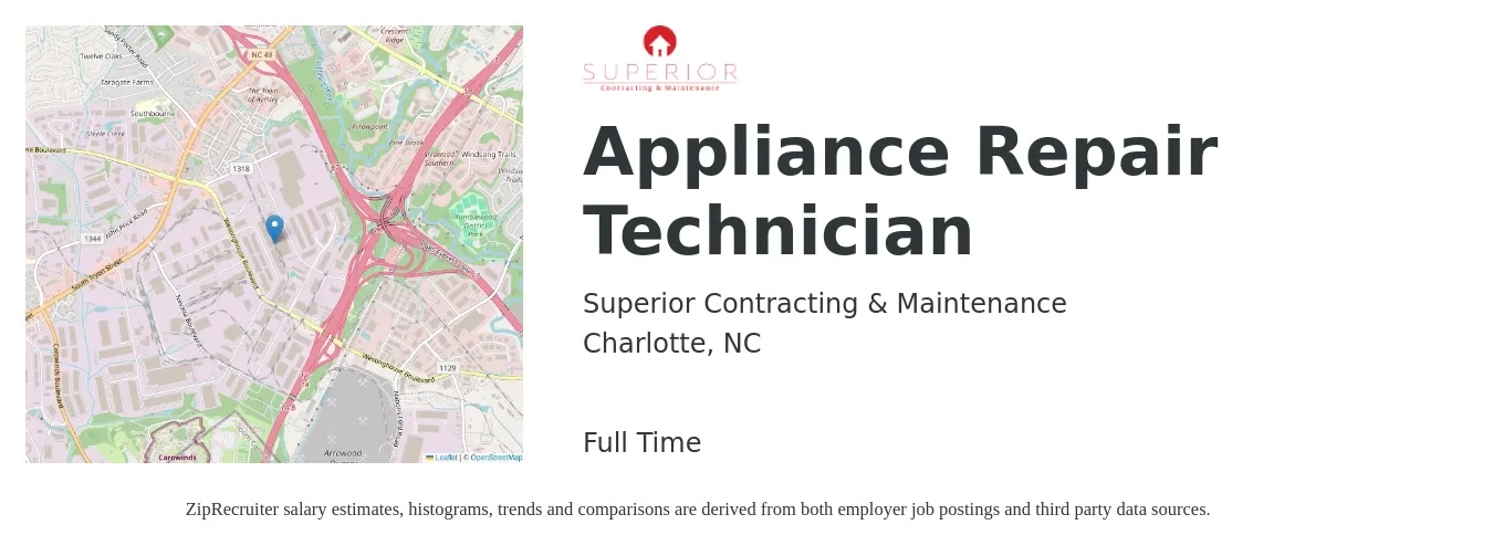 Superior Contracting & Maintenance job posting for a Appliance Repair Technician in Charlotte, NC with a salary of $20 to $28 Hourly with a map of Charlotte location.