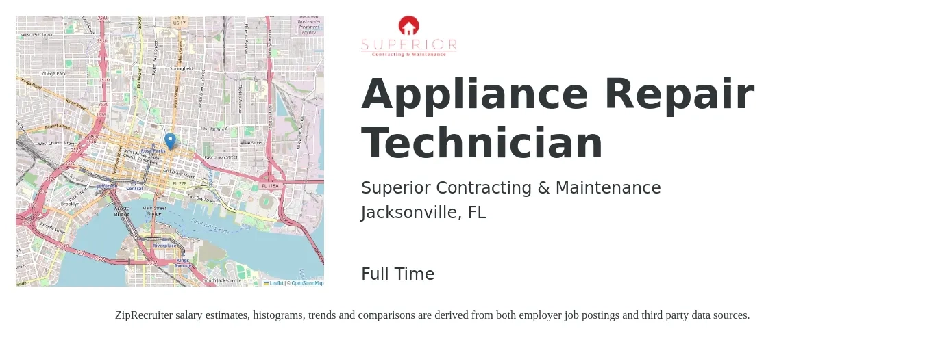 Superior Contracting & Maintenance job posting for a Appliance Repair Technician in Jacksonville, FL with a salary of $18 to $27 Hourly with a map of Jacksonville location.