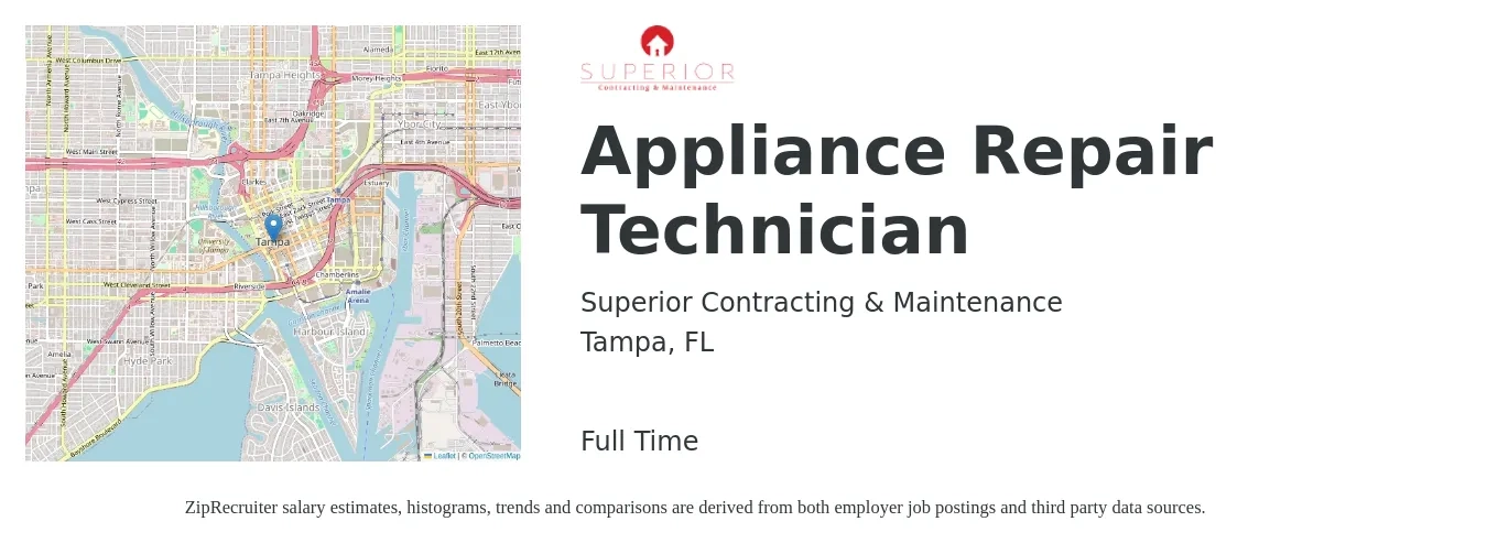 Superior Contracting & Maintenance job posting for a Appliance Repair Technician in Tampa, FL with a salary of $19 to $28 Hourly with a map of Tampa location.
