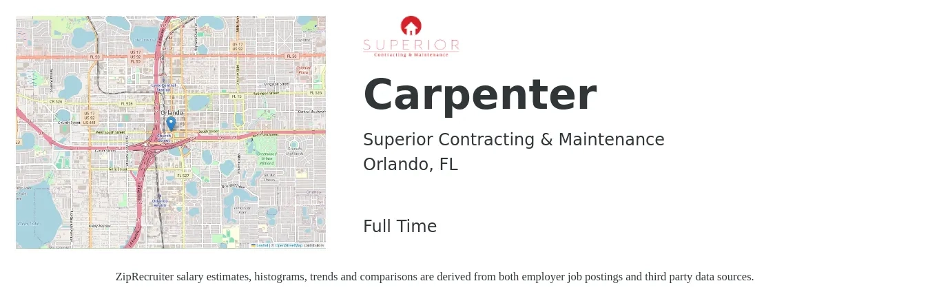Superior Contracting & Maintenance job posting for a Carpenter in Orlando, FL with a salary of $20 to $28 Hourly with a map of Orlando location.