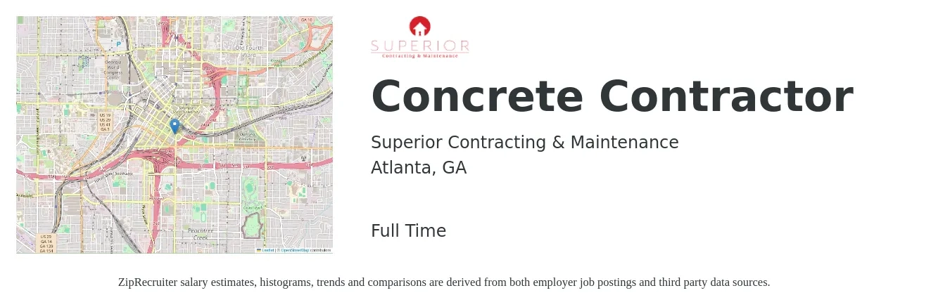 Superior Contracting & Maintenance job posting for a Concrete Contractor in Atlanta, GA with a salary of $20 to $28 Hourly with a map of Atlanta location.