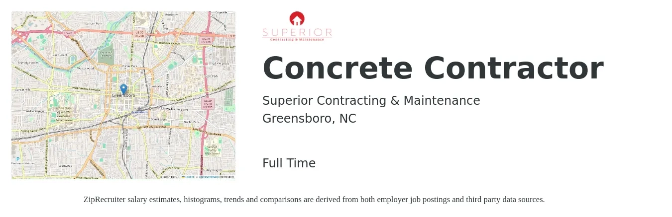 Superior Contracting & Maintenance job posting for a Concrete Contractor in Greensboro, NC with a salary of $20 to $28 Hourly with a map of Greensboro location.