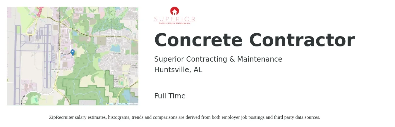 Superior Contracting & Maintenance job posting for a Concrete Contractor in Huntsville, AL with a salary of $20 to $28 Hourly with a map of Huntsville location.