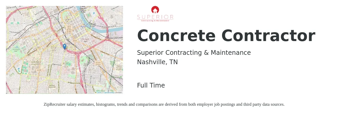 Superior Contracting & Maintenance job posting for a Concrete Contractor in Nashville, TN with a salary of $20 to $28 Hourly with a map of Nashville location.