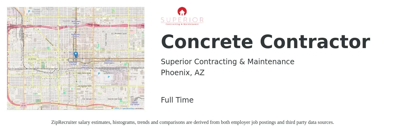 Superior Contracting & Maintenance job posting for a Concrete Contractor in Phoenix, AZ with a salary of $20 to $28 Hourly with a map of Phoenix location.